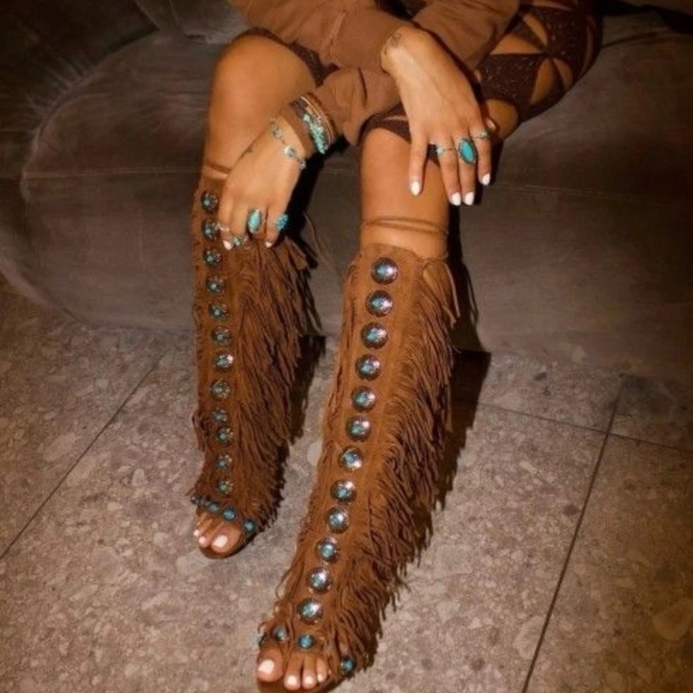 Brown and Blue Lace Up Boots with Fringe - Picture 5 of 5